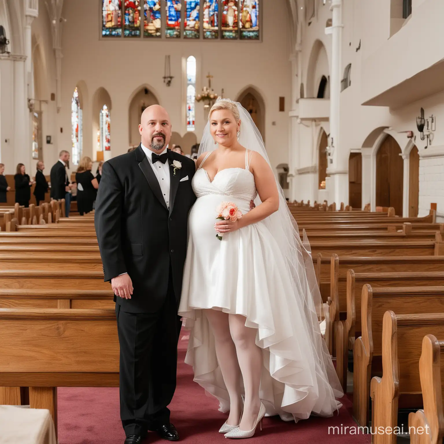 wedding day, fat, short, groom, 50 year old, bald, light goatee, standing in church, wearing black tux, holding, pregnant, bride, 55 year old, medium length silver hair, white short wedding dress, shiny white pantyhose, white high heels