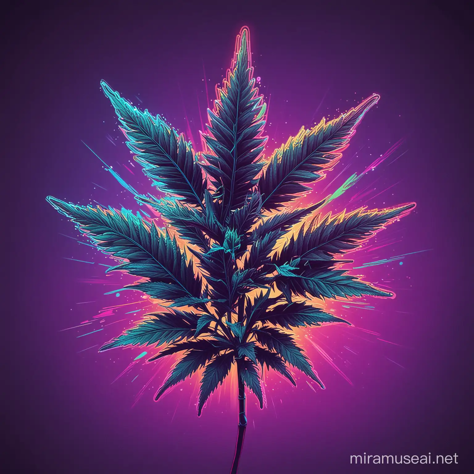 synthwave illustration style, neon colors, with shadow Cannabis background wallpaper design, weed, ganja, marihuana, green hemp bud, leaf
