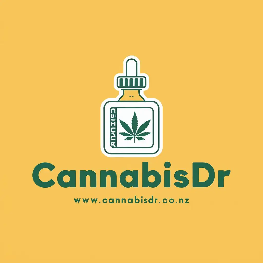 logo, medical marijuana in a prescription pottle with a dropper bottle, with the text "www.cannabisDr.co.nz", typography