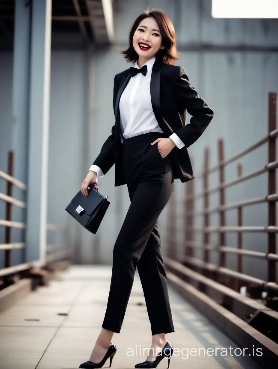 A stunning and cute and sophisticated and confident japanese woman with shoulder length hair and  lipstick wearing a black tuxedo with a black jacket.   Her shirt is white with black cufflinks and a (black bow tie) and (black pants). She is wearing black high heels. She is walking toward the end of a scaffold.  She is facing you.  She is laughing and smiling.  She is relaxed. Her jacket is open. She has one hand in her pants pocket.  Her other hand is holding a small shiny black purse.  She is wearing shiny black high heels. 