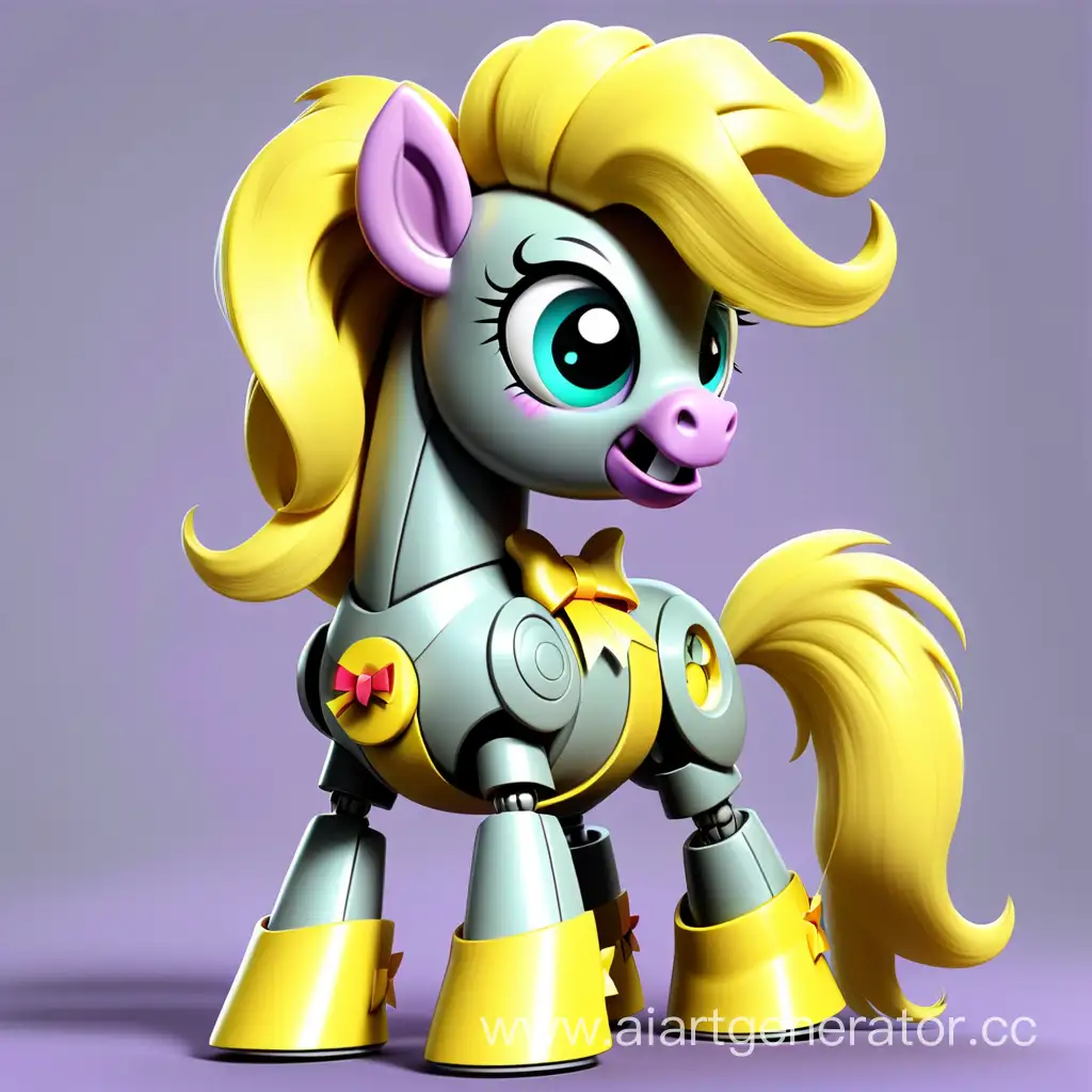 a pony robot from the cartoon "My Little Pony" with very large fluffy two yellow pigtails and a very large fluffy yellow tail and bows on pigtails and a bow on the tail