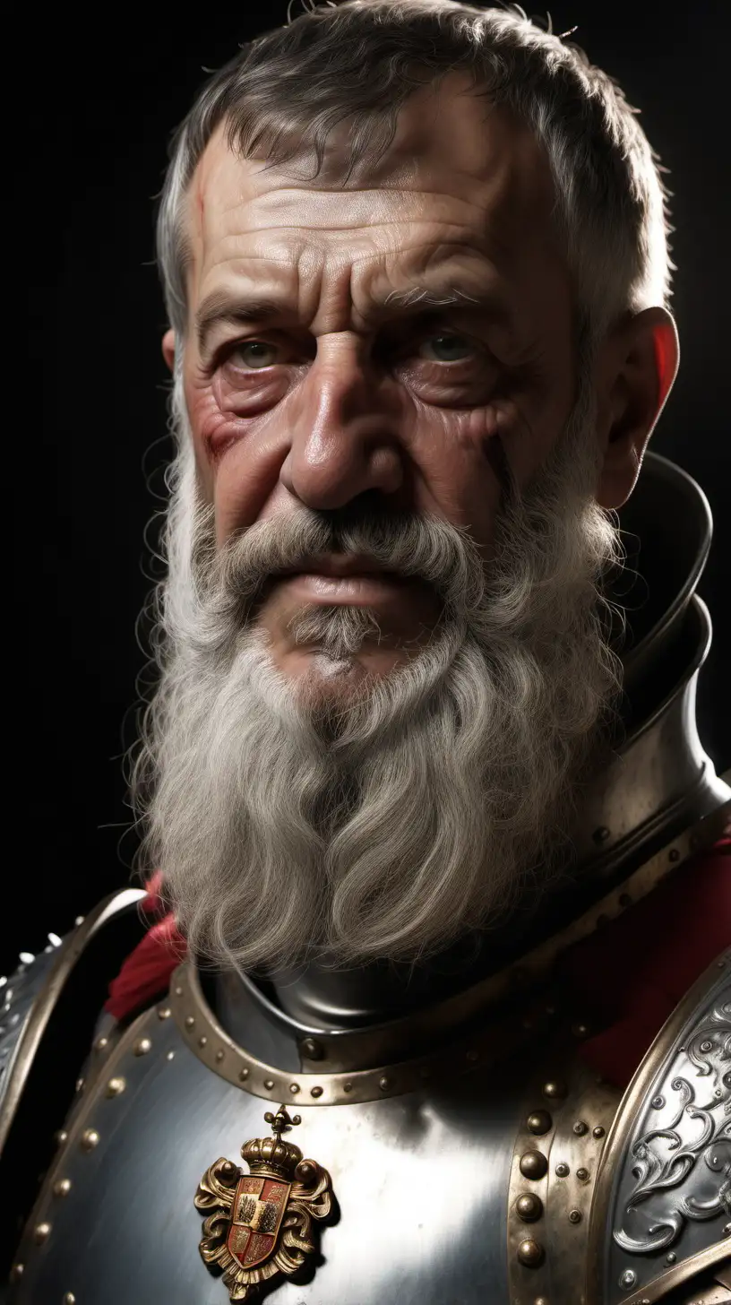 imagen ultra realista, hombre con 69 años de edad, barba canosa,soldado de los tercios españoles,coraza,1580,iluminacion cinemática,alta definición,16k