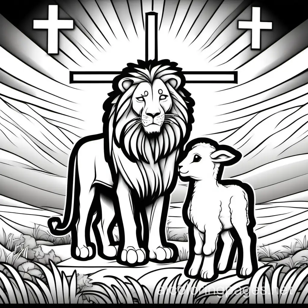 A lion standing beside a lamb with a glowing cross in the background, Coloring Page, black and white, line art, white background, Simplicity, Ample White Space. The background of the coloring page is plain white to make it easy for young children to color within the lines. The outlines of all the subjects are easy to distinguish, making it simple for kids to color without too much difficulty