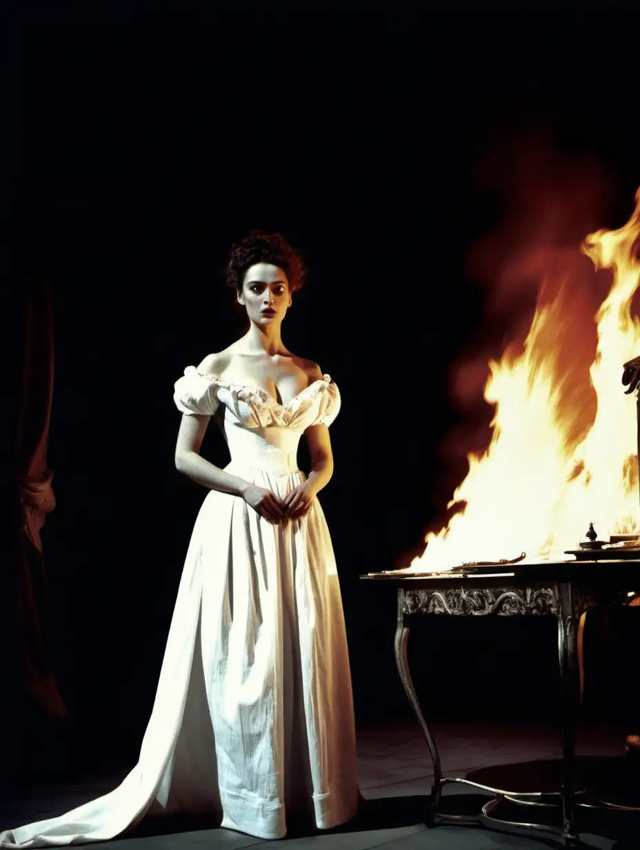 Dali, Anna Karenina, theatre, fire, one actress, white long dress, blood