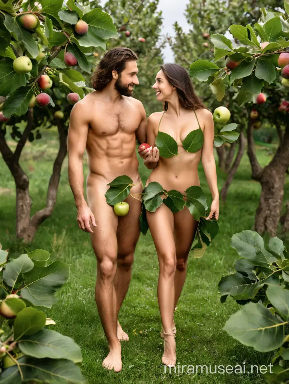 Adam and Eve characters. Woman offer apple to man. Adam and Eve cover their nakedness with a loincloth or apron of fig leaves