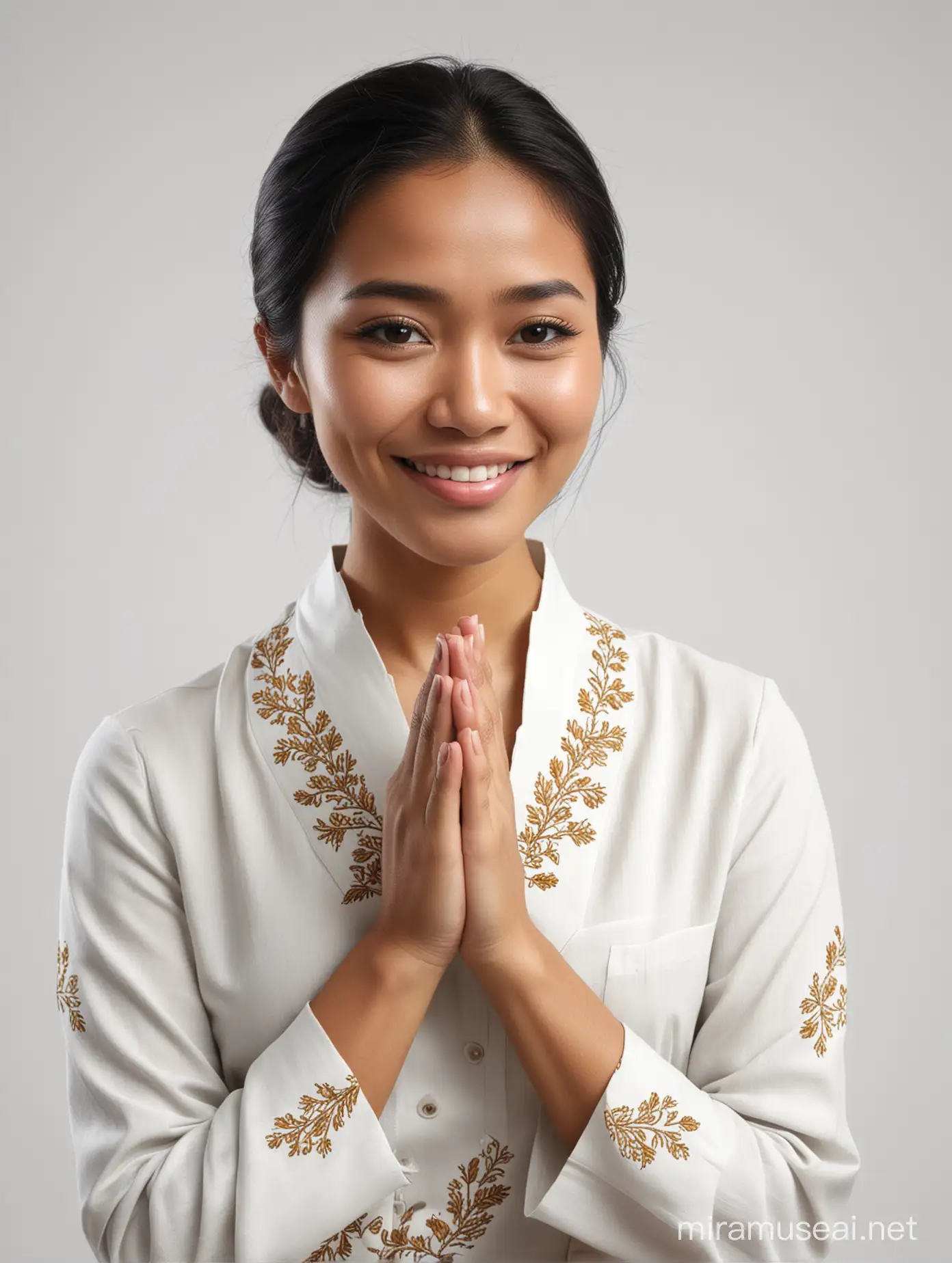 Create a photo-realistic image of a young, good-looking, Indonesian national woman bowing slightly to say thank you. The background is plain white.