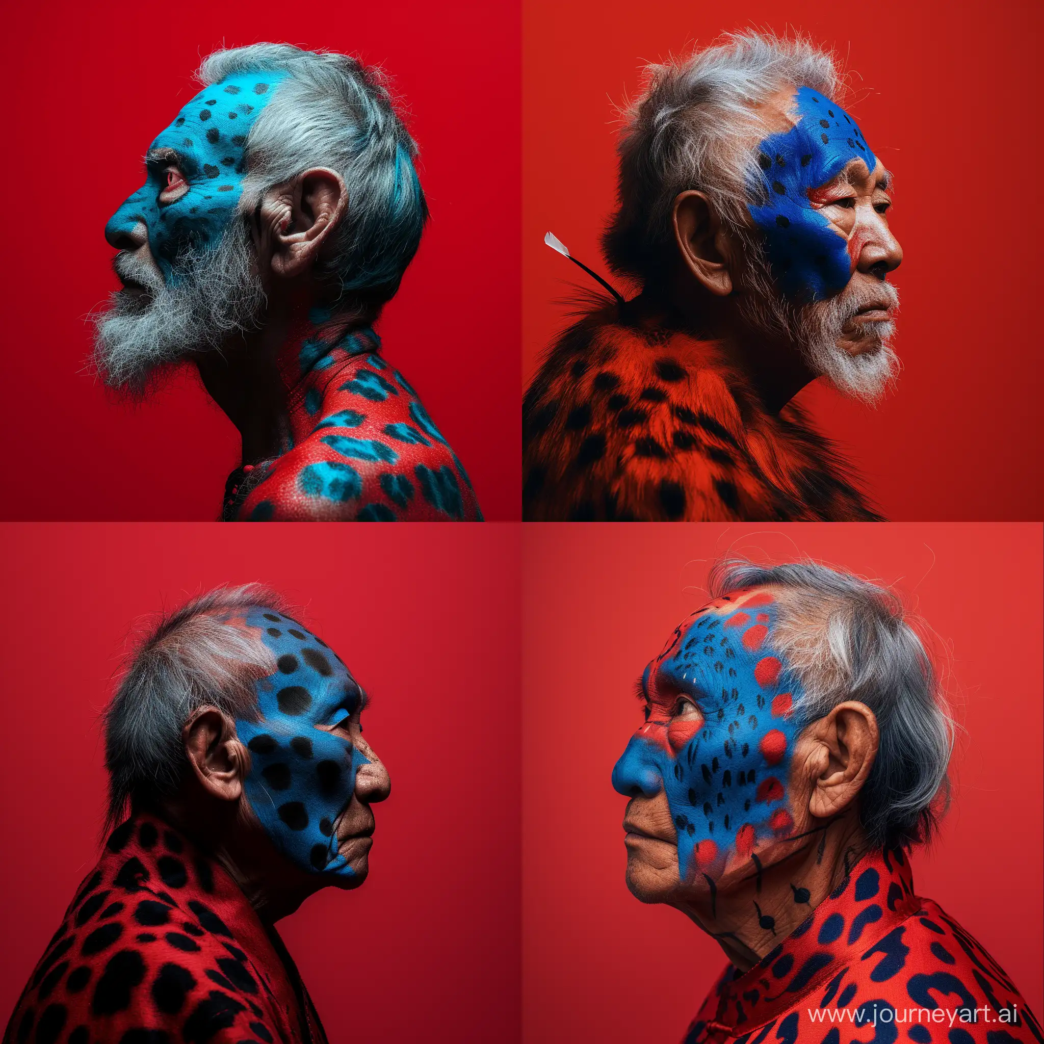 portrait photo of a asia old warrior chief, tribal panther make up, blue on red, side profile, looking away, serious eyes, 50mm portrait photographs