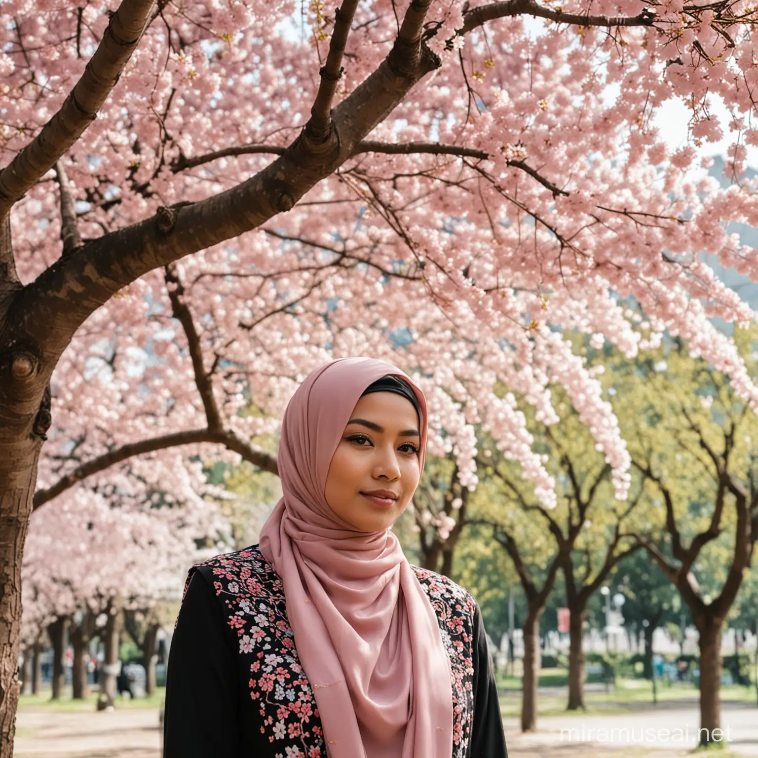 Indonesian Woman in Hijab Standing under Cherry Blossom Tree