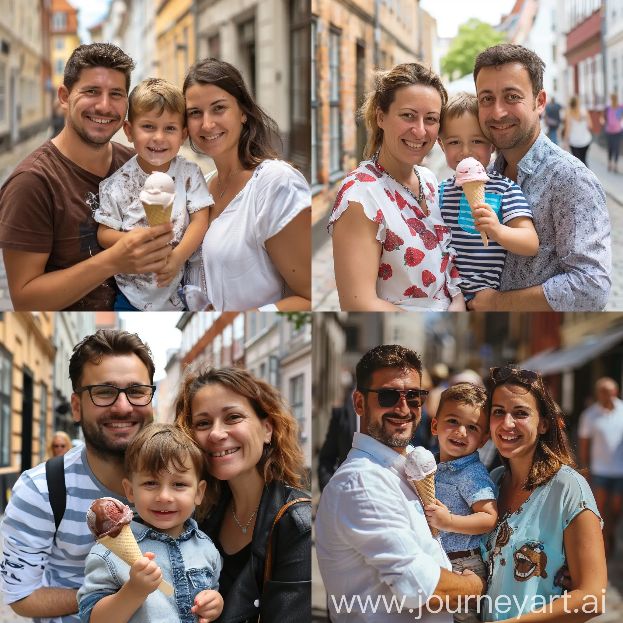 Happy bulgarian kid with his beautiful parents, holding icecream in Copenhagen.