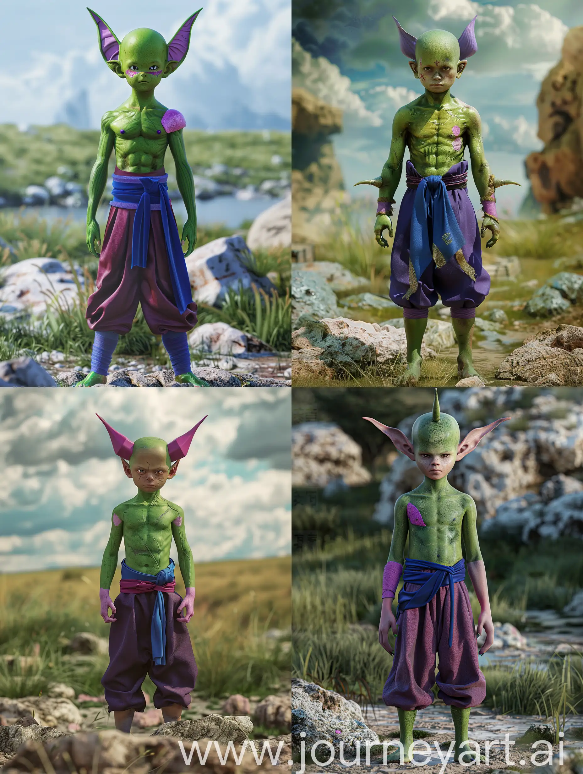 masterpiece, best quality, realistic, photorealistic, 8k,piccolo, 1boy, male focus, solo, standing, pointy ears,(purple dougi), green skin, oni horns, purple pants, closed mouth, looking at viewer, ((bald)),arms at sides,pink patches,black eyes, blue sash, rocks, grassfield
