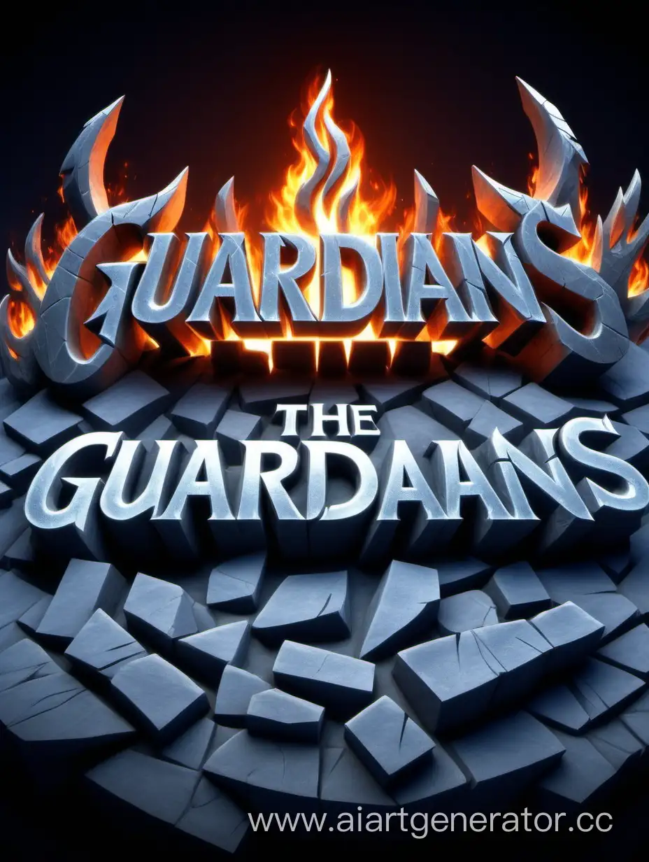 the word "GUARDIANS" is three-dimensional , in the style of a screensaver for games , three-dimensional carved from stone , with fire in the background , a letter screensaver with the style of the DOTA2 game