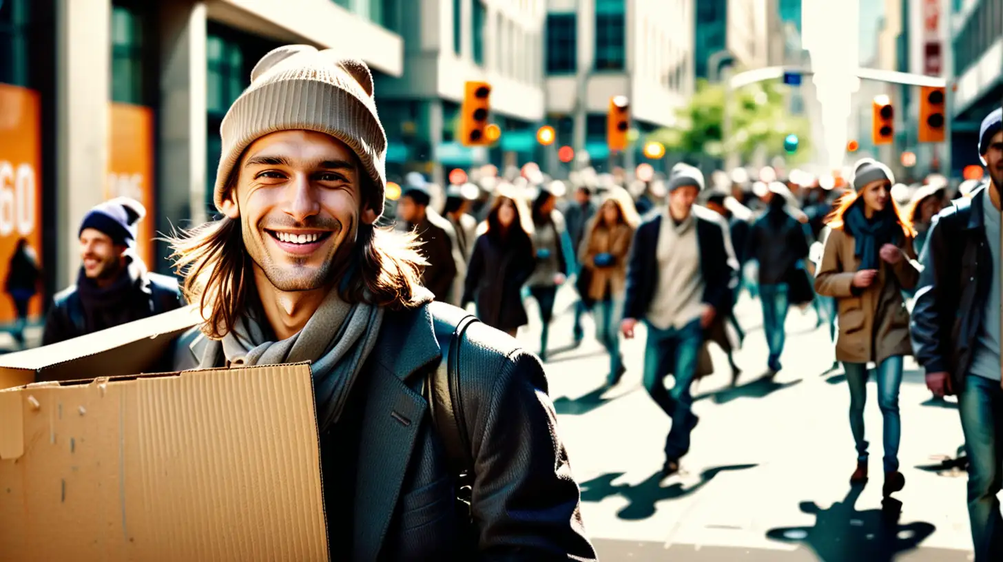 Smiling Man with Beanie Holds Blank Sign in Urban Bustle