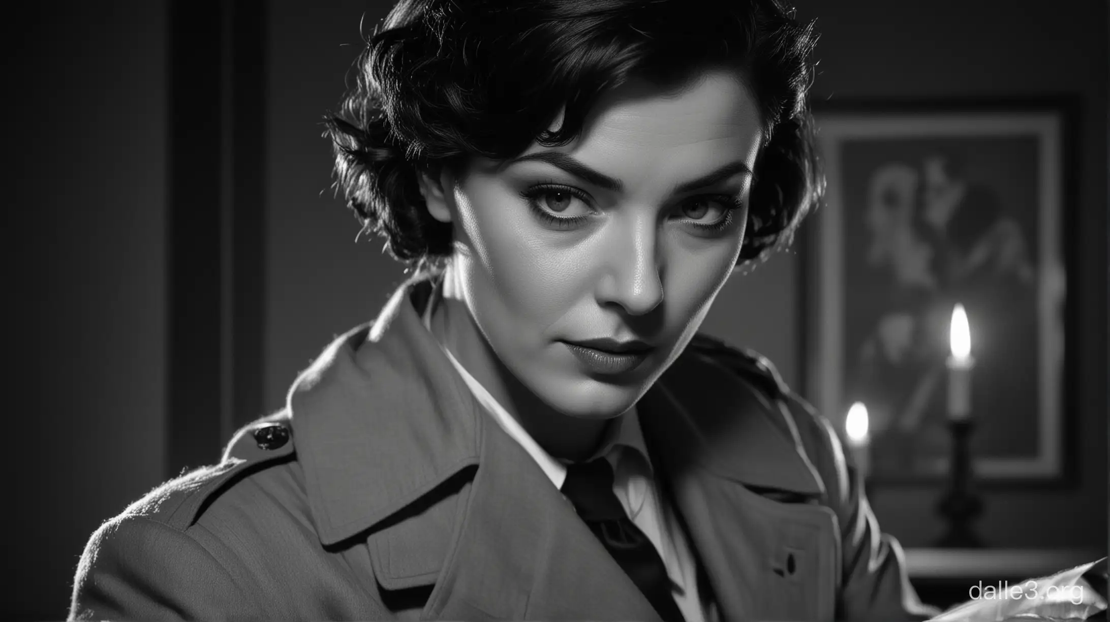 a 1940s female detective, short black hair, powerful, fierce, determined, fabulous, wearing a full detective outfit, investigating a crime scene late at night, chalk over outline, candlelight, black and white, inspired by 1950s american detective hollywood