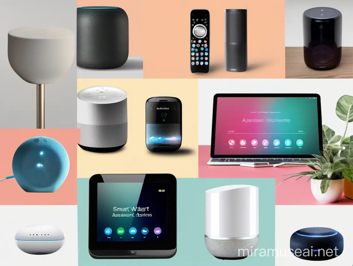  Un collage de varios dispositivos inteligentes con sus asistentes integrados altavoces inteligentes, teléfonos inteligentes