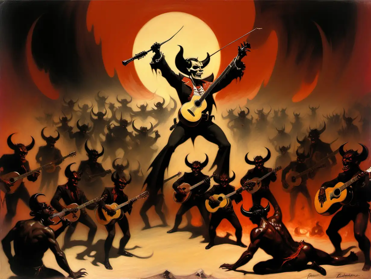 the devil surrounded in Hell by a mariachi band frank frazetta style