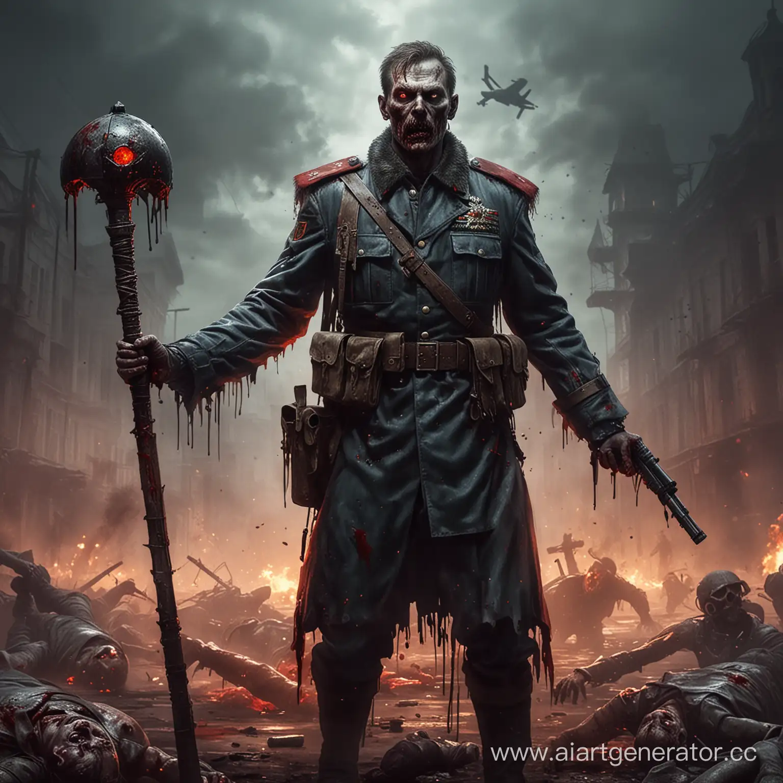 зомби, форма русского офицера, истекает кровью, в правой руке кровавая булава, в правой руке кровавая булава.