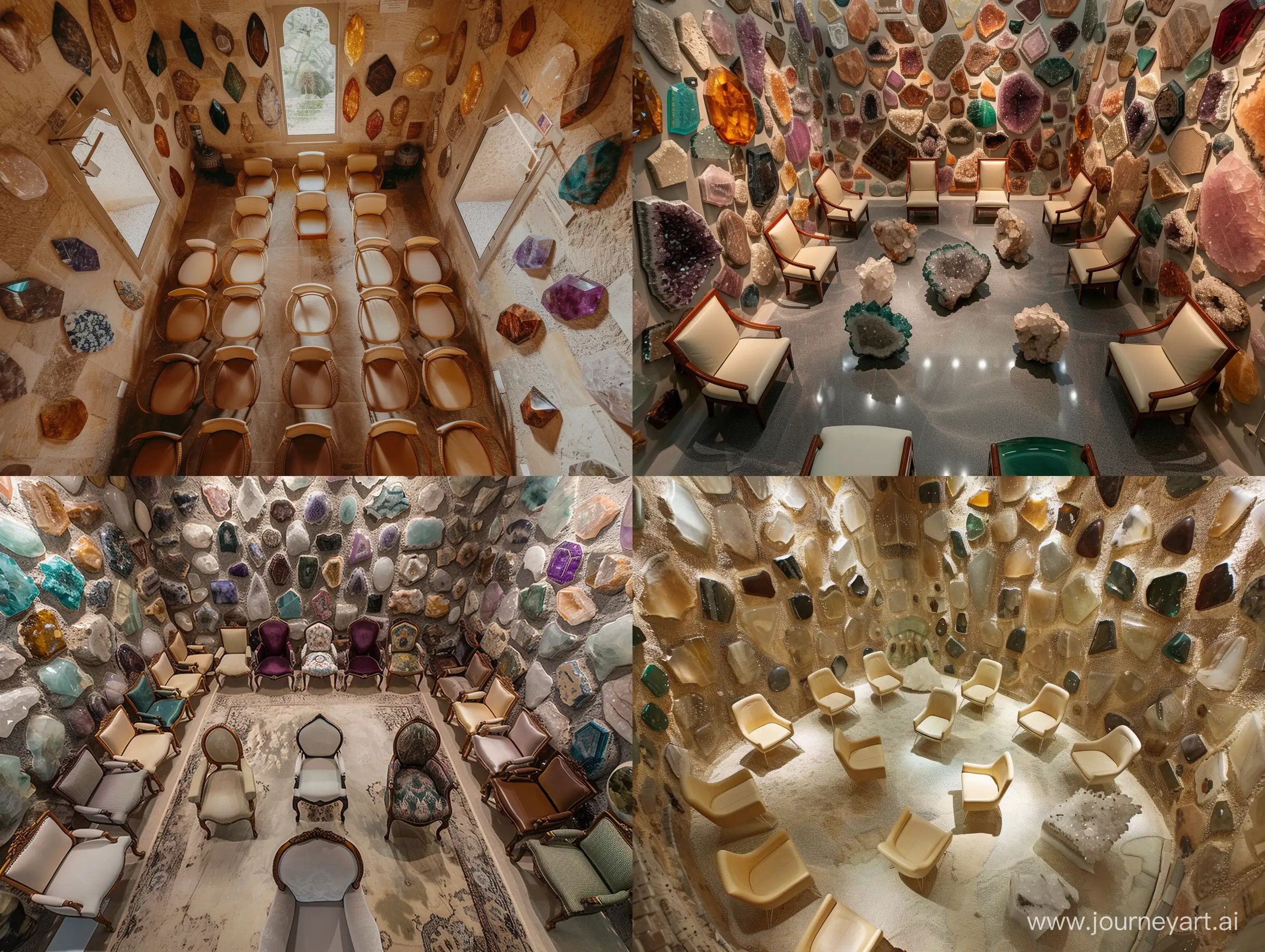 A very beautiful room with beautiful gemstones on the walls with 52 very beautiful chairs that are very, very beautifully made. view from above