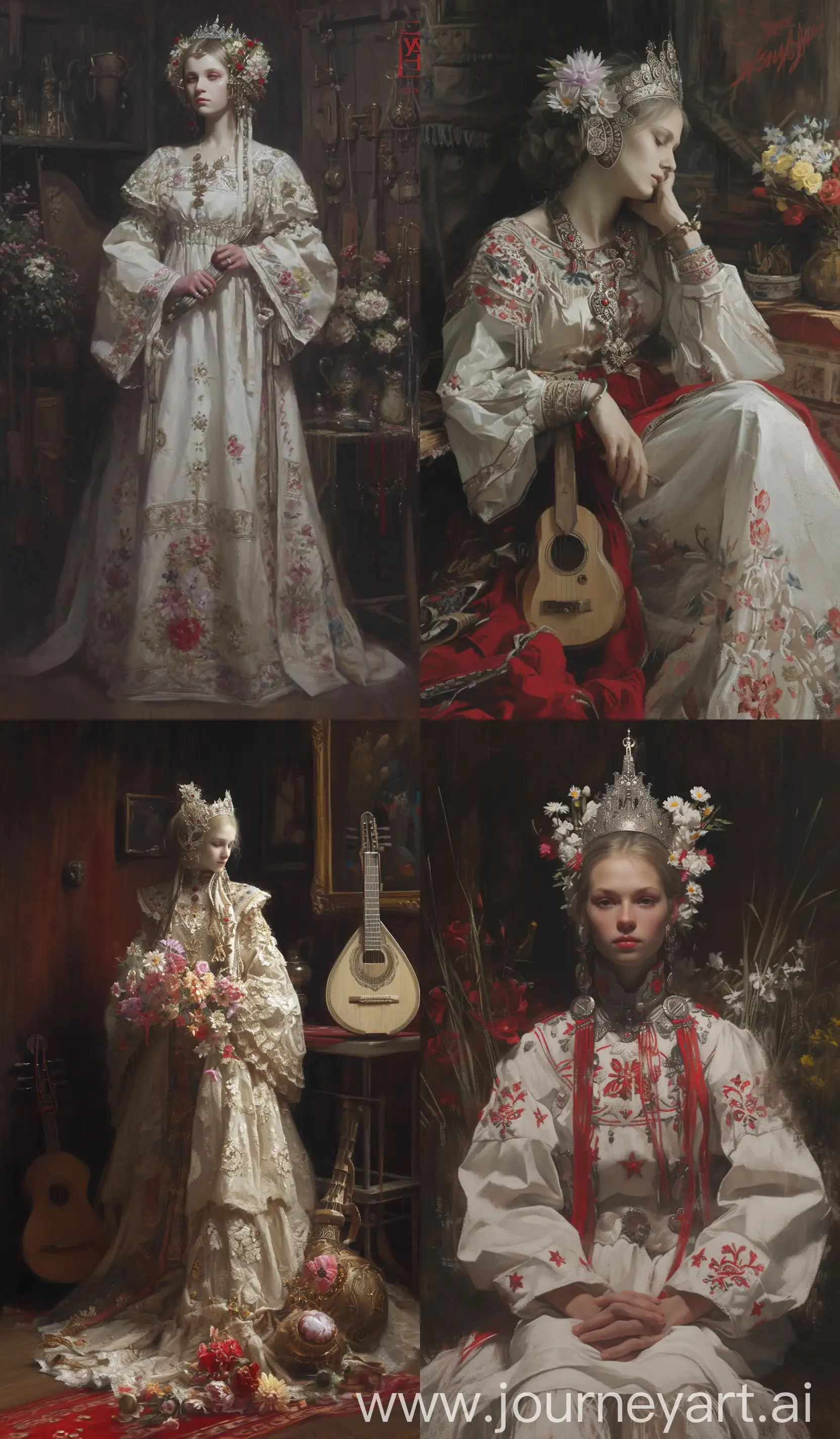 Slavic-Female-in-Traditional-Dress-with-Folklore-Instruments-and-Floral-Tiara-Cyberpunk-Colored-Pencil-Drawing