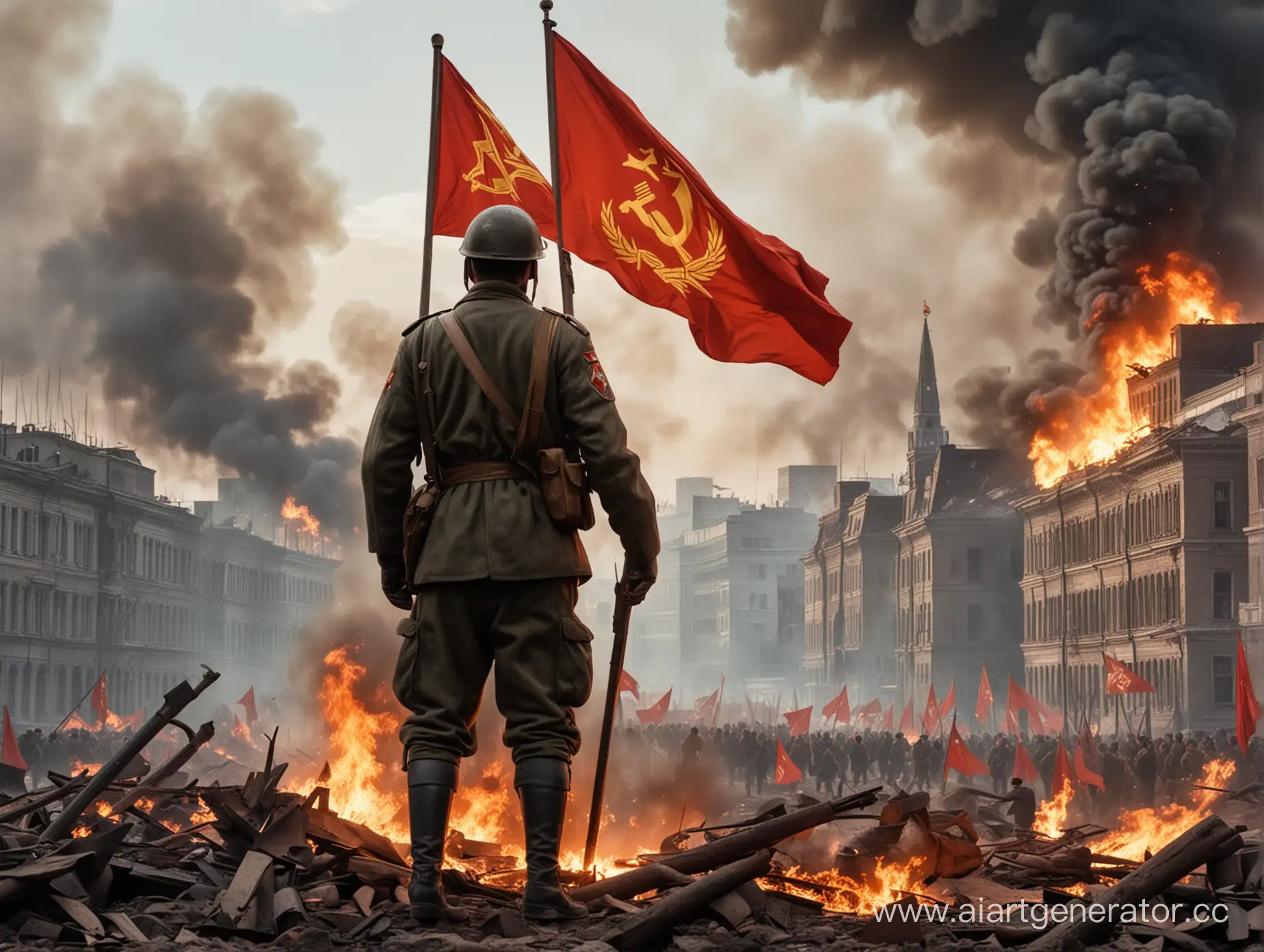 Soviet-Soldier-Amidst-City-Inferno-Leading-USSR-Forces-into-Battle