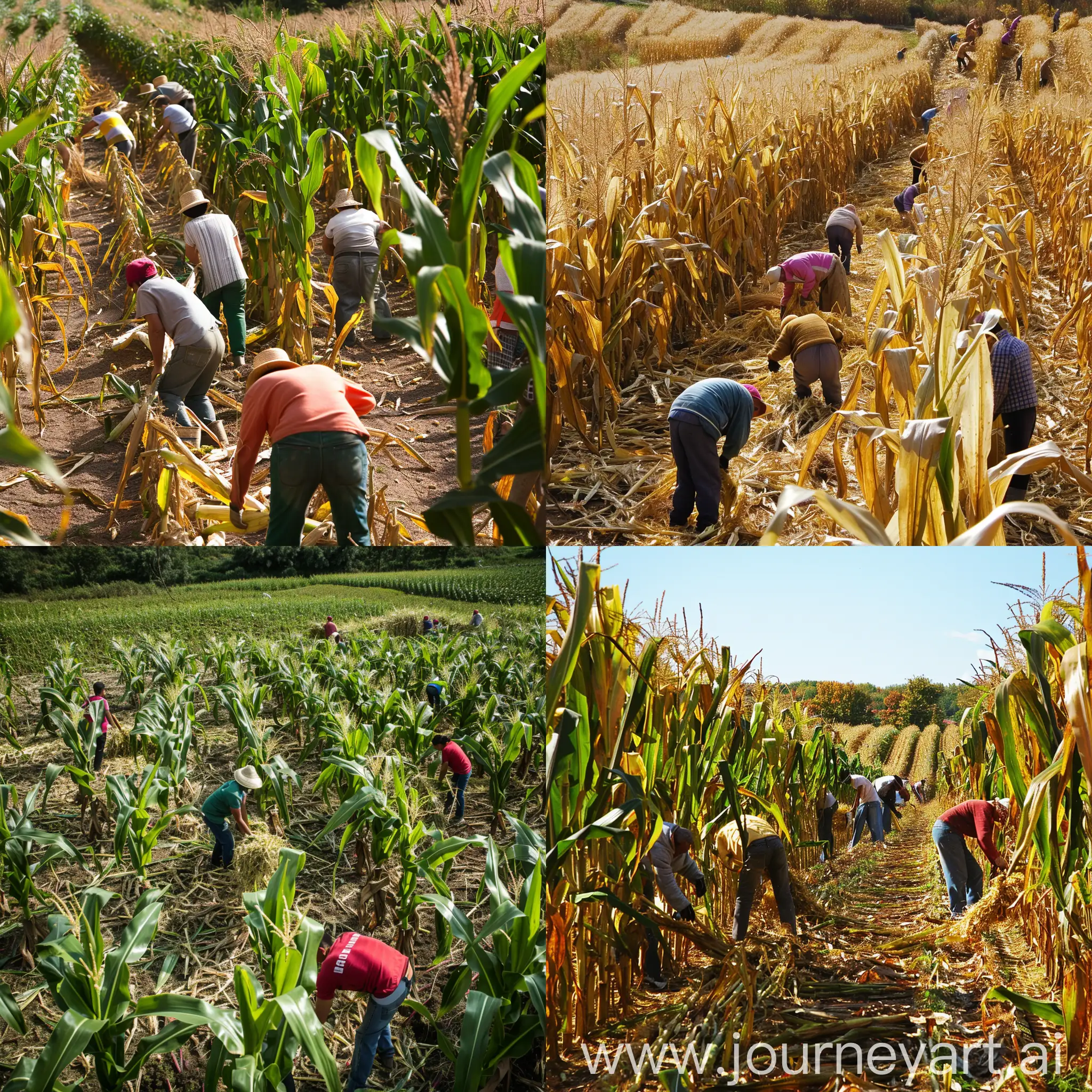 people work harvesting process in the corn field 