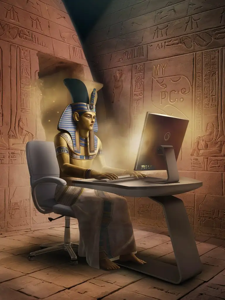 The Egyptian god Amun, sitting at a computer, inside the Egyptian pyramid, on the wall is the inscription my pc