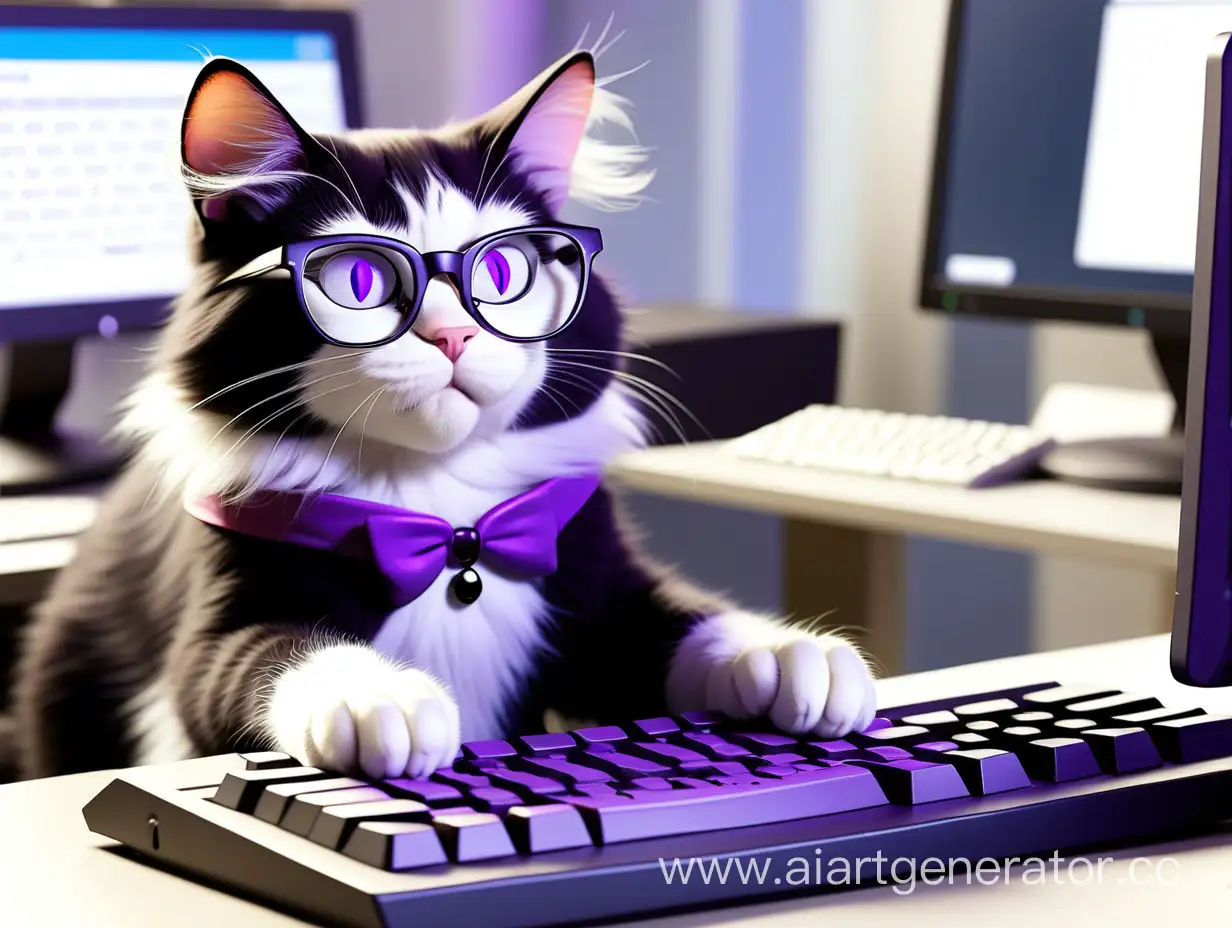 черно-белый фиолетоглазый кот в очках за компьютером печатает на клавиатуре