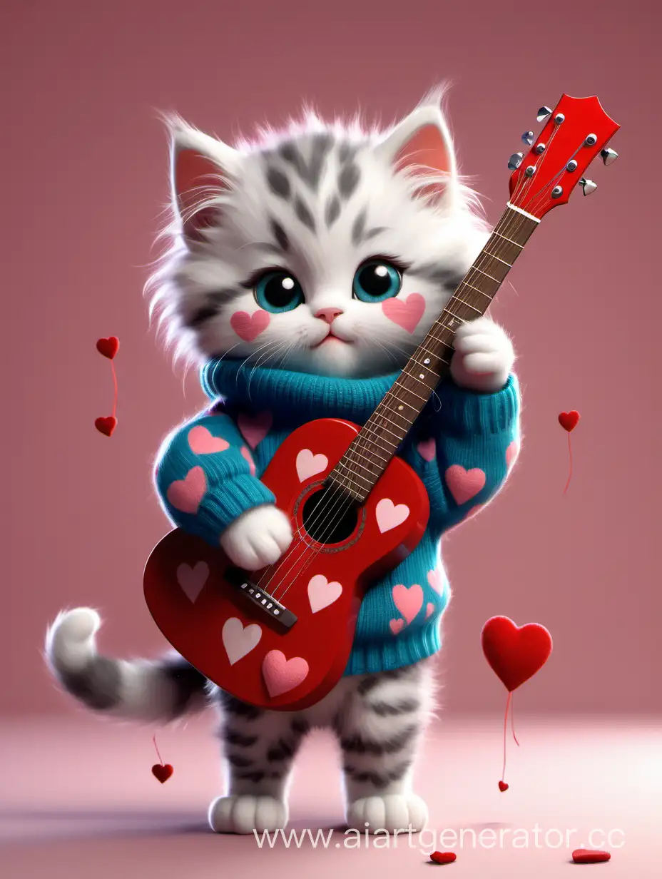 Маленький пушистый котенок с гитарой в лапах, стоит в свитере и сердечки вокруг