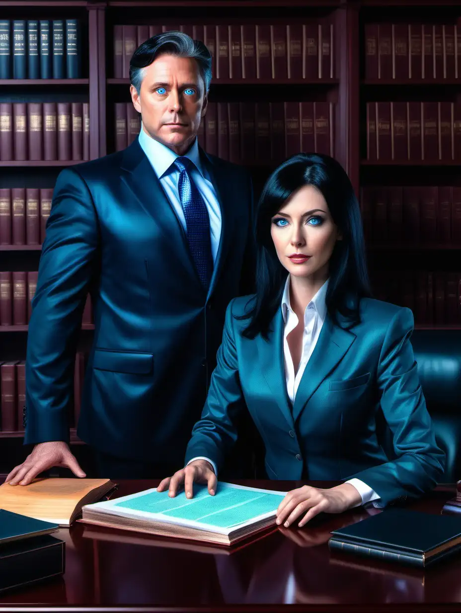 crea un abogado de 40 años de edad, sentado en su escritorio, con una secretaria de cabello negro a su lado, cuerpo perfecto, ojos azules, oficina de lujo, biblioteca de fondo,  phantasmal iridiscent