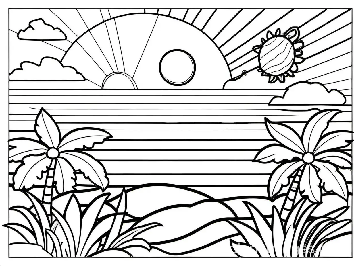 summer activity coloring page, Coloring Page, black and white, line art, white background, Simplicity, Ample White Space. The background of the coloring page is plain white to make it easy for young children to color within the lines. The outlines of all the subjects are easy to distinguish, making it simple for kids to color without too much difficulty