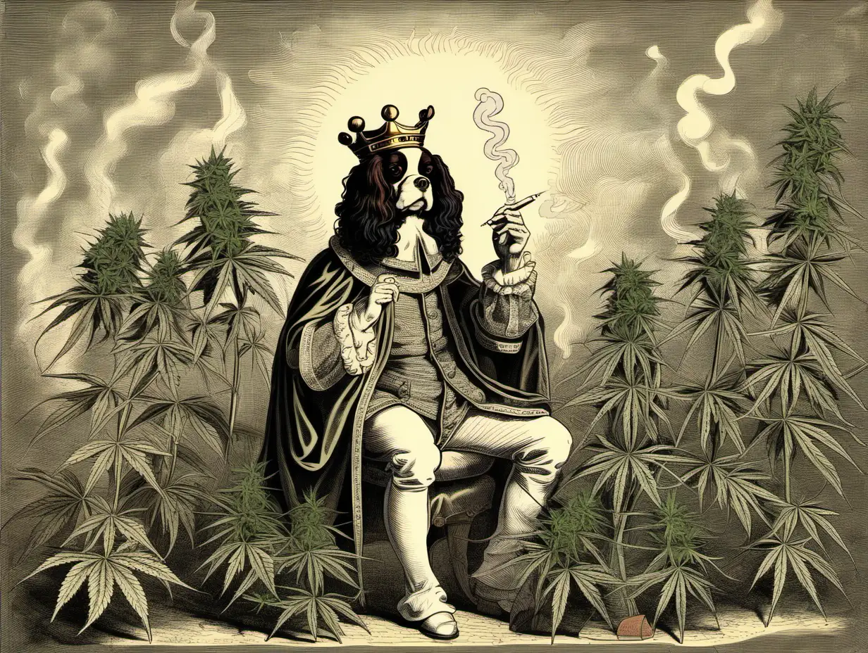 King Charles planting cannabis and being happy while smoking a joint

