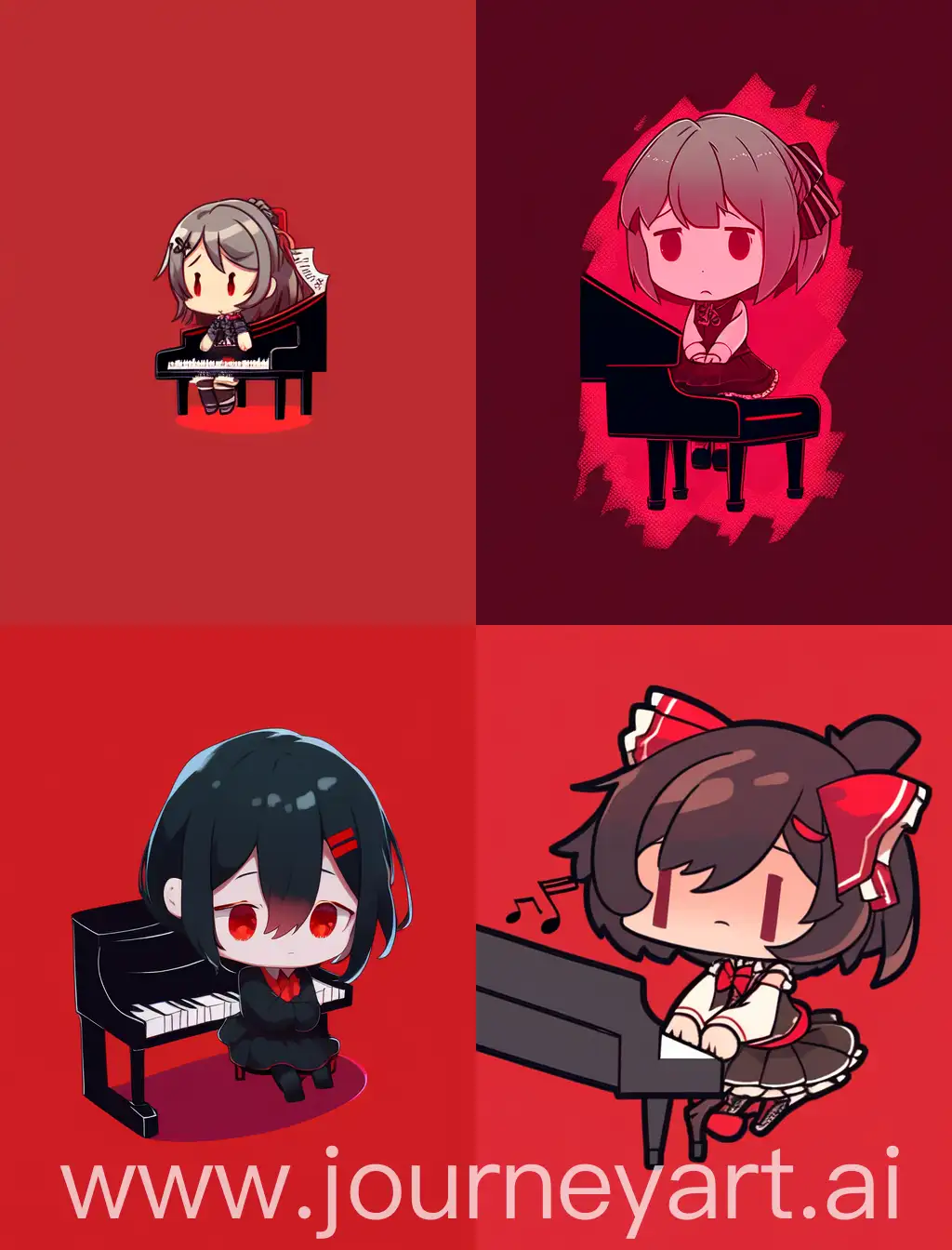 chibi anime emo girl sad, playing piano, with red solid background, strong lines