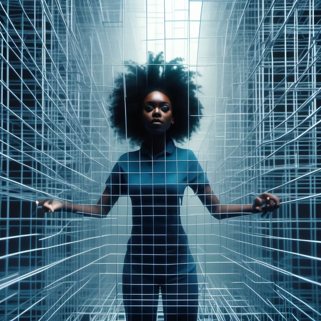 Enchanting Black Girl Amidst Dynamic Wireframe Cubes and Spaghetti Chaos