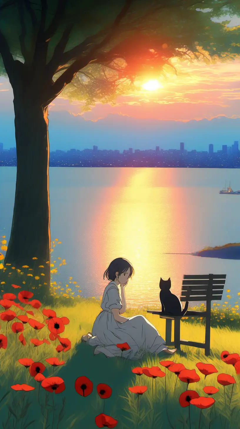 picturesque a happy young woman in 18yo wearing beautiful dress embroidery, sitting under a tree, a cat beside her, red poppy flower, dandelions, daisy ,  beautiful sky ,acrylic pallete, fake detailed, trending pixiv style, ghibli studio, makoto shinkai, UHD, anime, best quality, 8k, sunset vibe to the sea,