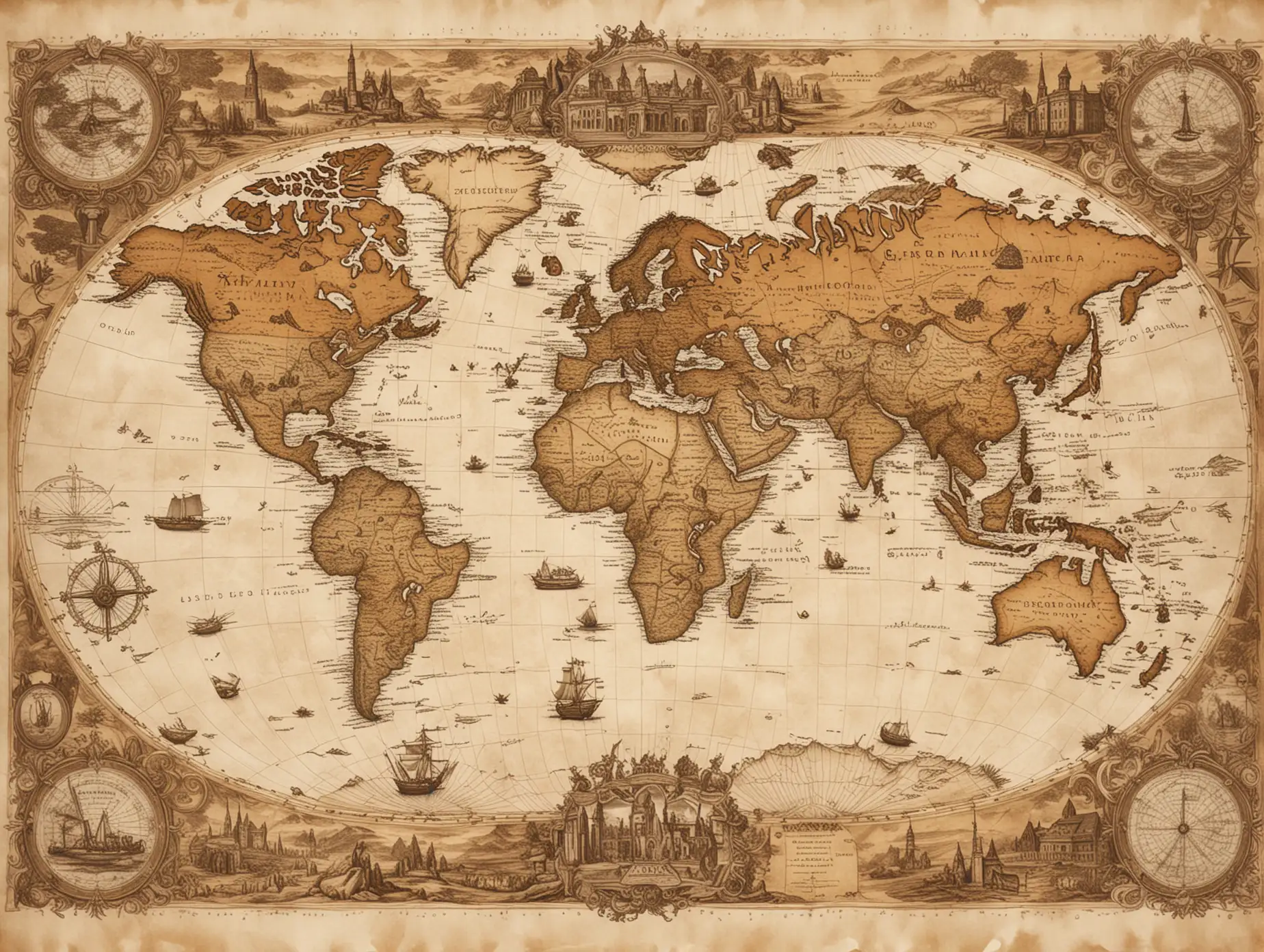 An exquisite conceptual art piece depicting a rustic, antique, and vintage world map. The map is sprawled across a massive parchment paper, featuring intricate details, with a warm, sepia-toned color palette. Continents are delicately hand-drawn, with swirling lines representing oceans and a touch of gold to highlight significant landmarks. The overall ambiance of the image evokes a sense of historical exploration and adventure., conceptual art, the dimensions are 2700 x 1120 pixels