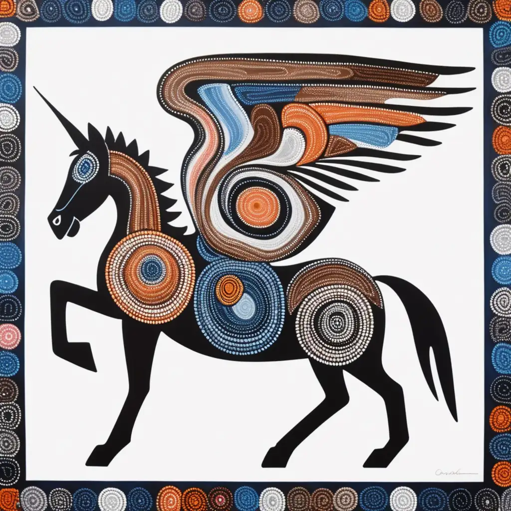 modern-australian aboriginal-art-in-earthy-colors-with-white background, black, navy blue pink-blue-orange-brown-white-grey-black-with-a-pegasus