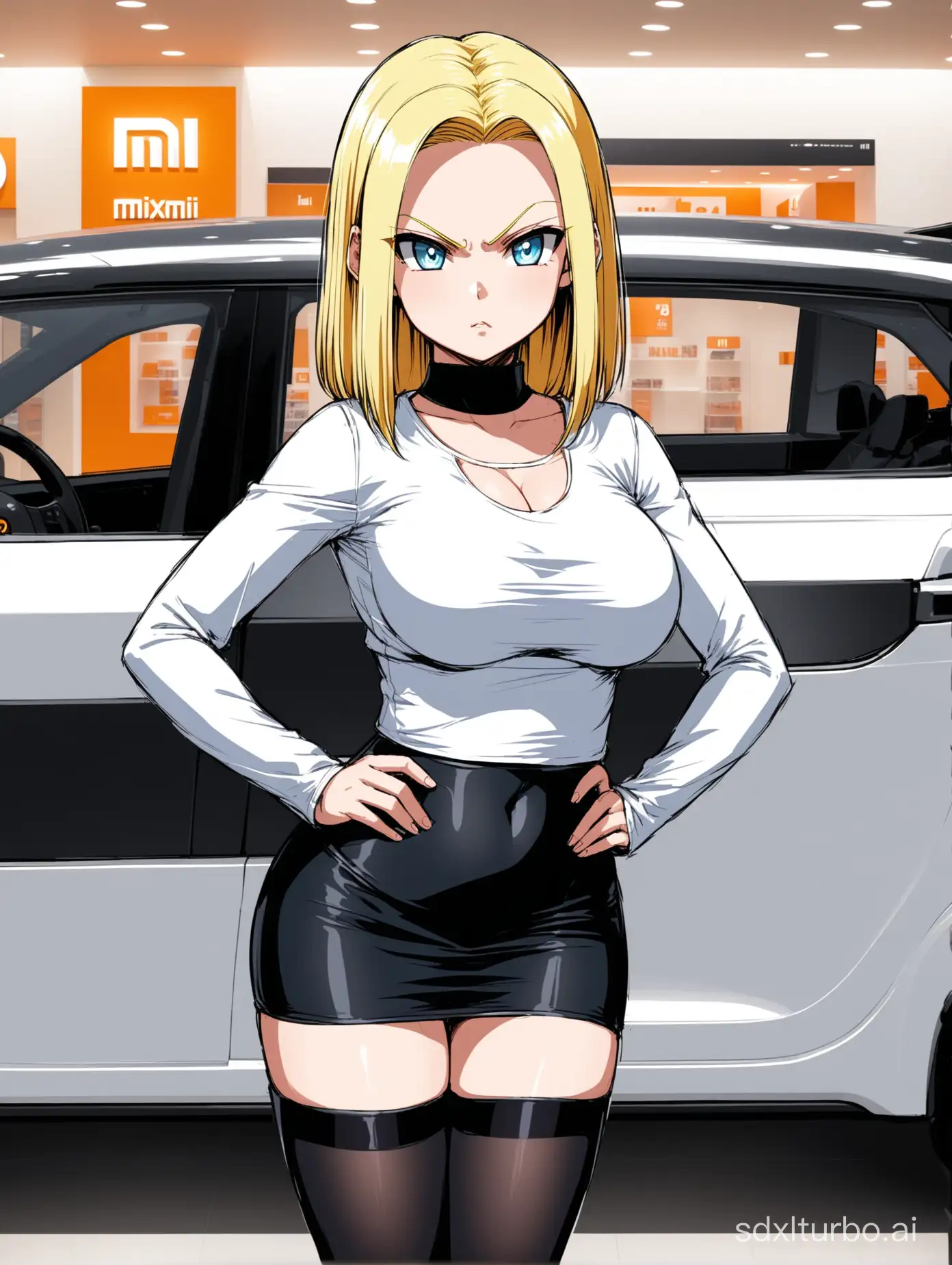 Dragon Ball character, the sexy and voluptuous Android 18, wearing a white top and skirt, black stockings, with a cold and haughty expression, standing inside a Xiaomi 4S store looking at a Xiaomi SU7 car.
