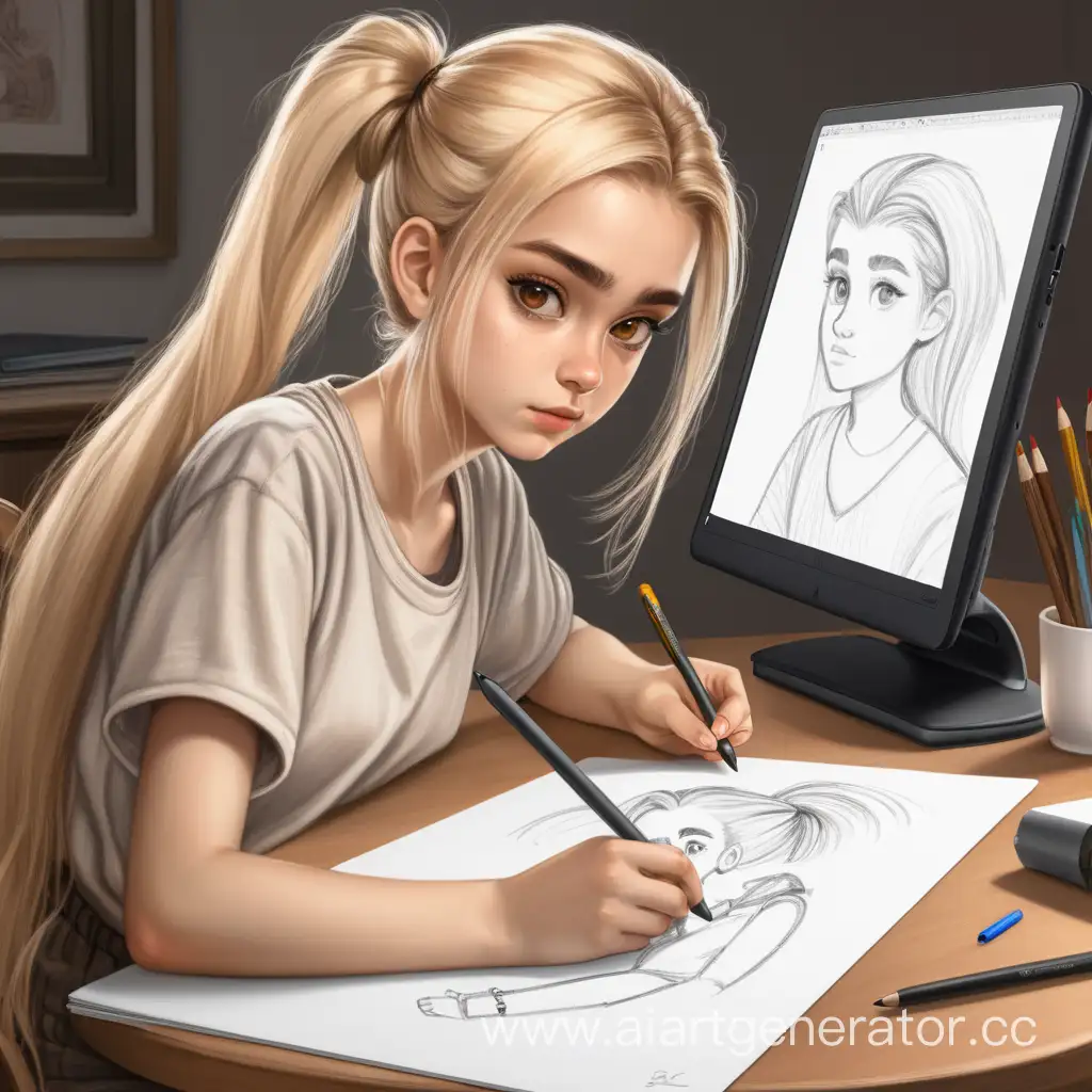 Девушка с русыми волосами и карими глазами, широкими бровями рисует что-то в графическом планшете сидя за столом рядом стоят бумаги она сама с маленькой грудью и с хвостом в прическе