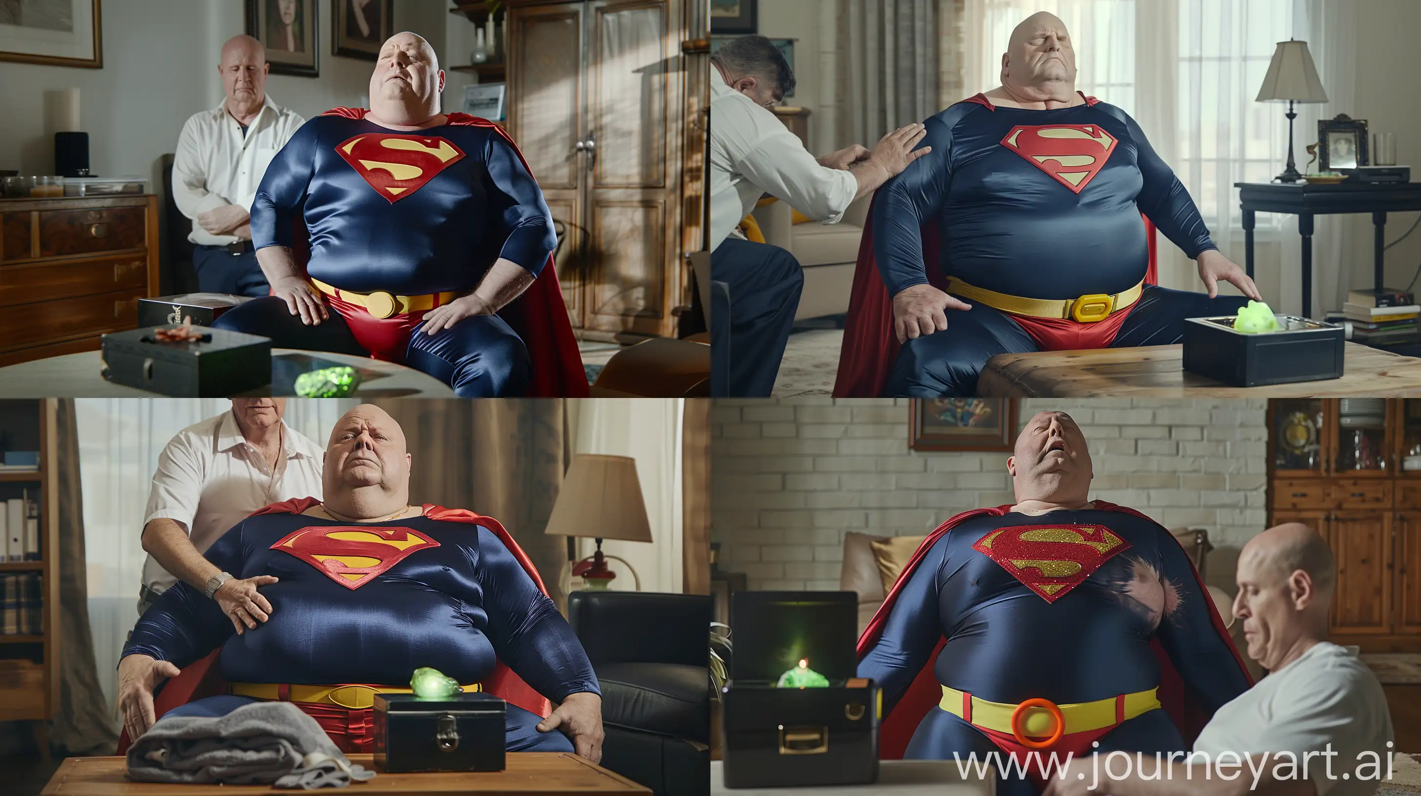 Front close-up photo of a fainting fat man aged 60 wearing silk navy blue full superman tight jumpsuit with a large red cape red trunks, yellow belt. Sitting in front of a small black metal box placed on a table containing a small bright green glowing rock. There is a fat man aged 60 wearing a white shirt and silk navy business pants giving a massage from behind. Inside a living room. Bald. Clean Shaven. Natural light. --ar 16:9