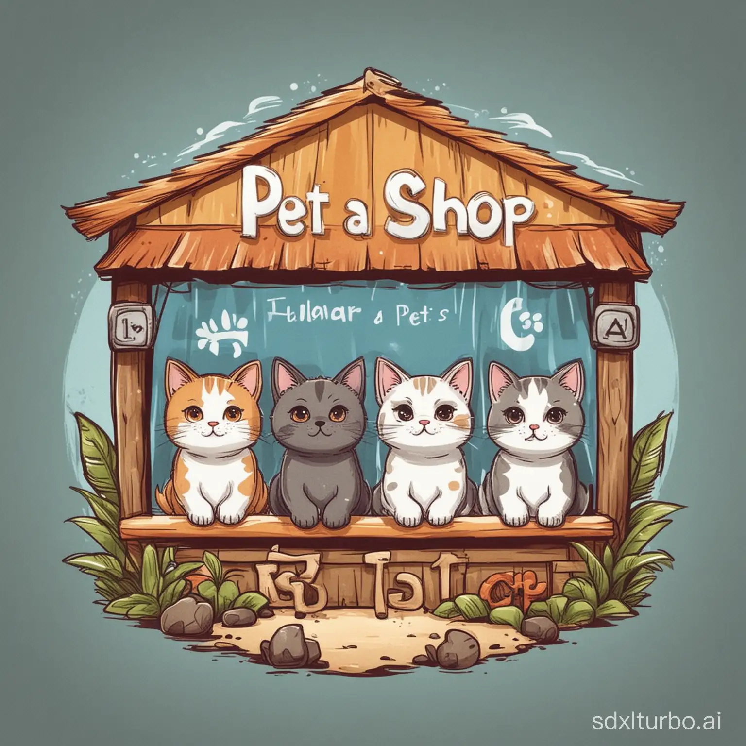 Draw a pet shop. The logo of the pet shop is an island with three cute cats and dogs on it