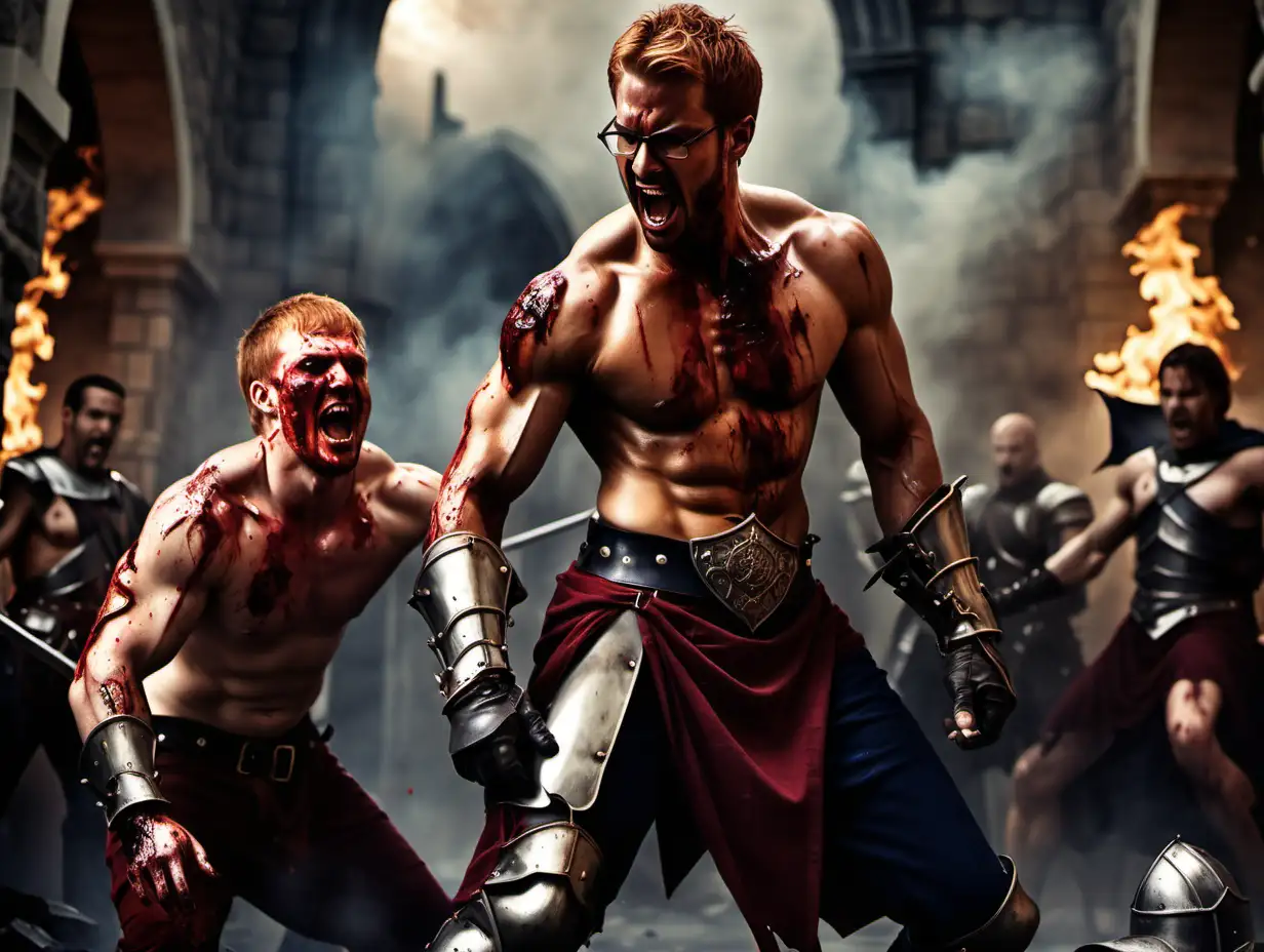 handsome shirtless knights fighting vampires. castle on fire, injured, bleeding, muscular, short hair, redhead, blonde, goatee, stubbles, 5 0'clock shadow, glasses, very sweaty, very wet, oiled up, spot light on muscles, show hairy chest, show abs, show legs, full body shot, torn loincloth, leg armor, bracelets, ruby, sapphire