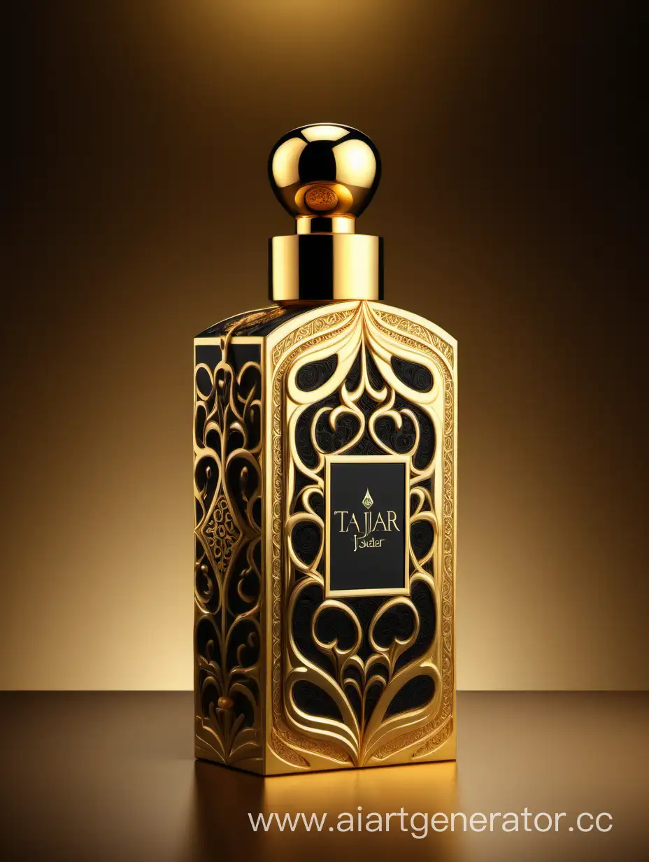 Box package design of perfume TAJDAR product, elegant, trending on artstation,   sharp focus,   studio photo,   intricate details,   highly detailed,   gold, Royal black and beige color on gold background