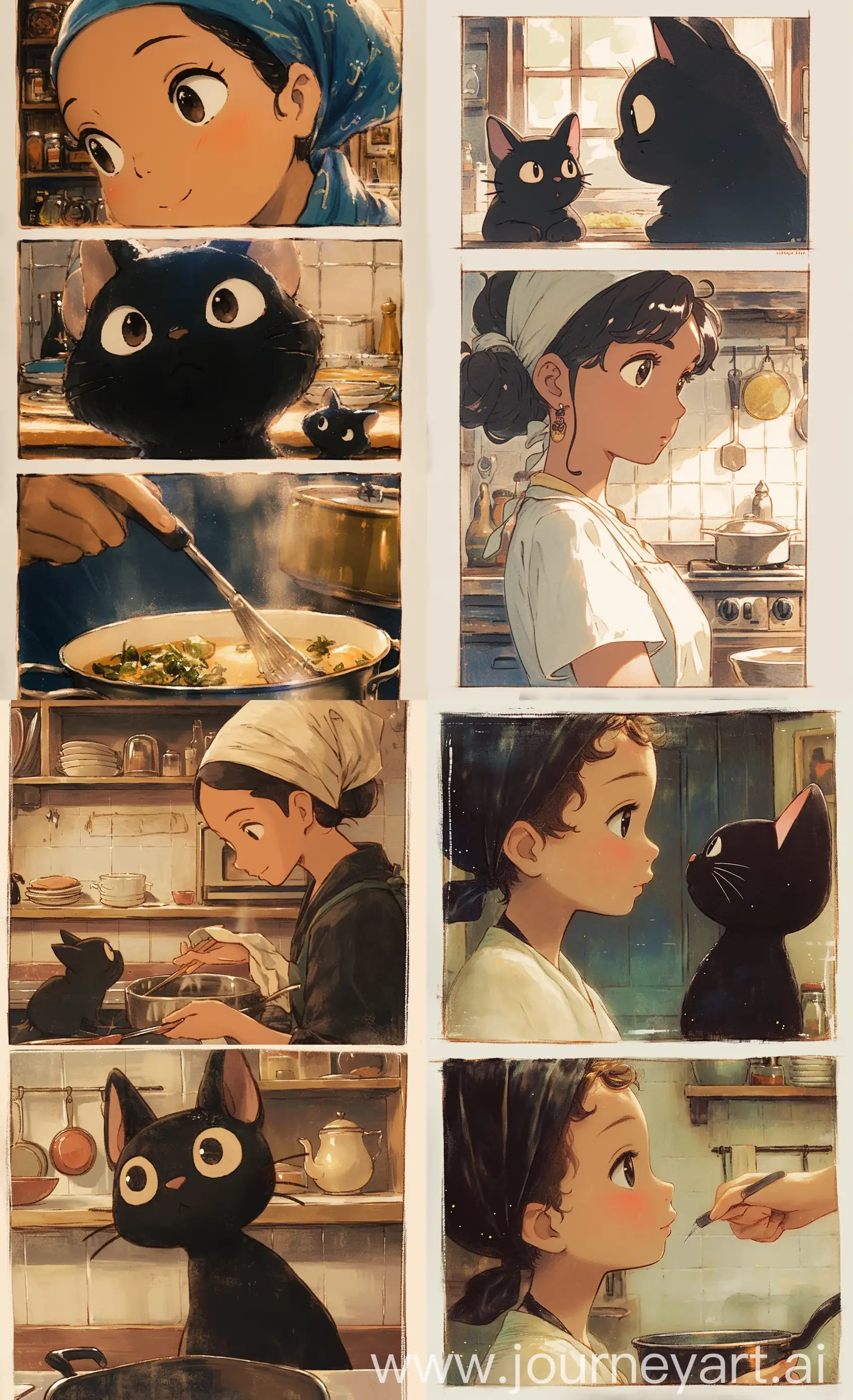 3 comic book panels of cute black cat and dark skin black woman wearing headwrap cooking in the kitchen, anime style, studio ghibli animation, clean, solid background --ar 11:18 --stylize 700 --niji 6