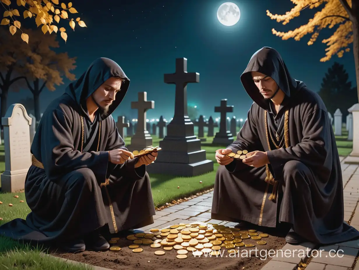 два вора, в длинной одежде,20 век, сидят считают золотые монеты, на кладбище, у могилы,  ночью