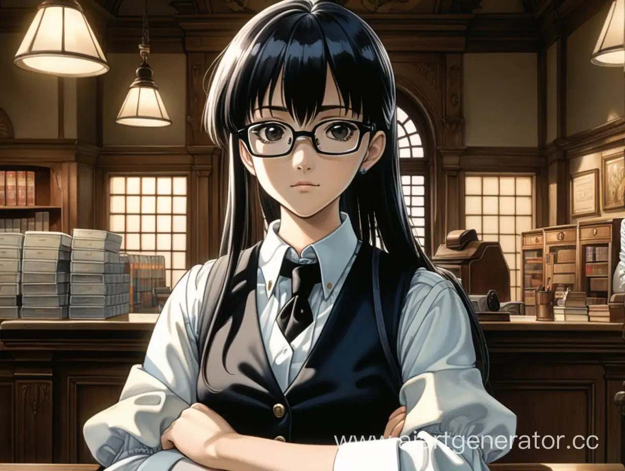 Studious-Anime-Girl-at-Medieval-Bank-Counter-with-Square-Glasses