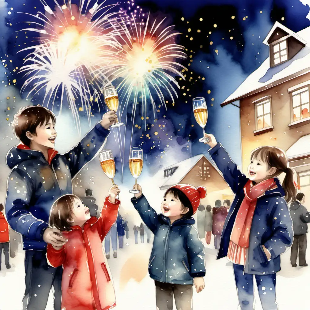 realistická ilustrace_děti, kluk, holka  a rodiče,  si připíjejí, přejí, oslava nového roku, v pozadí Silvestr, ohňostroj, reálná ilustrace akvarel styl