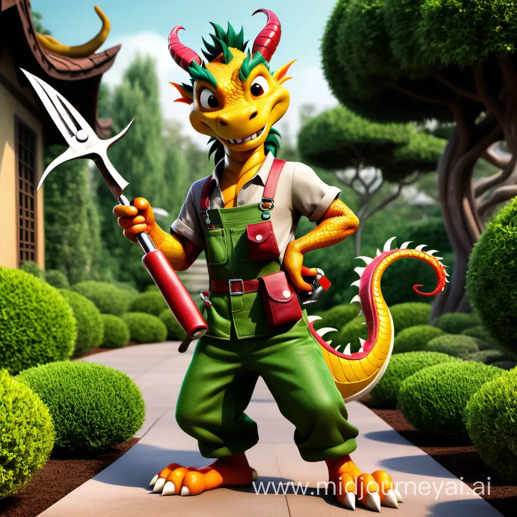 un vrai Dragon style asiatique qui est paysagiste avec sa tenue de jardinier et avec une cisaille  dans la main en mode dessin animé disney pour enfant