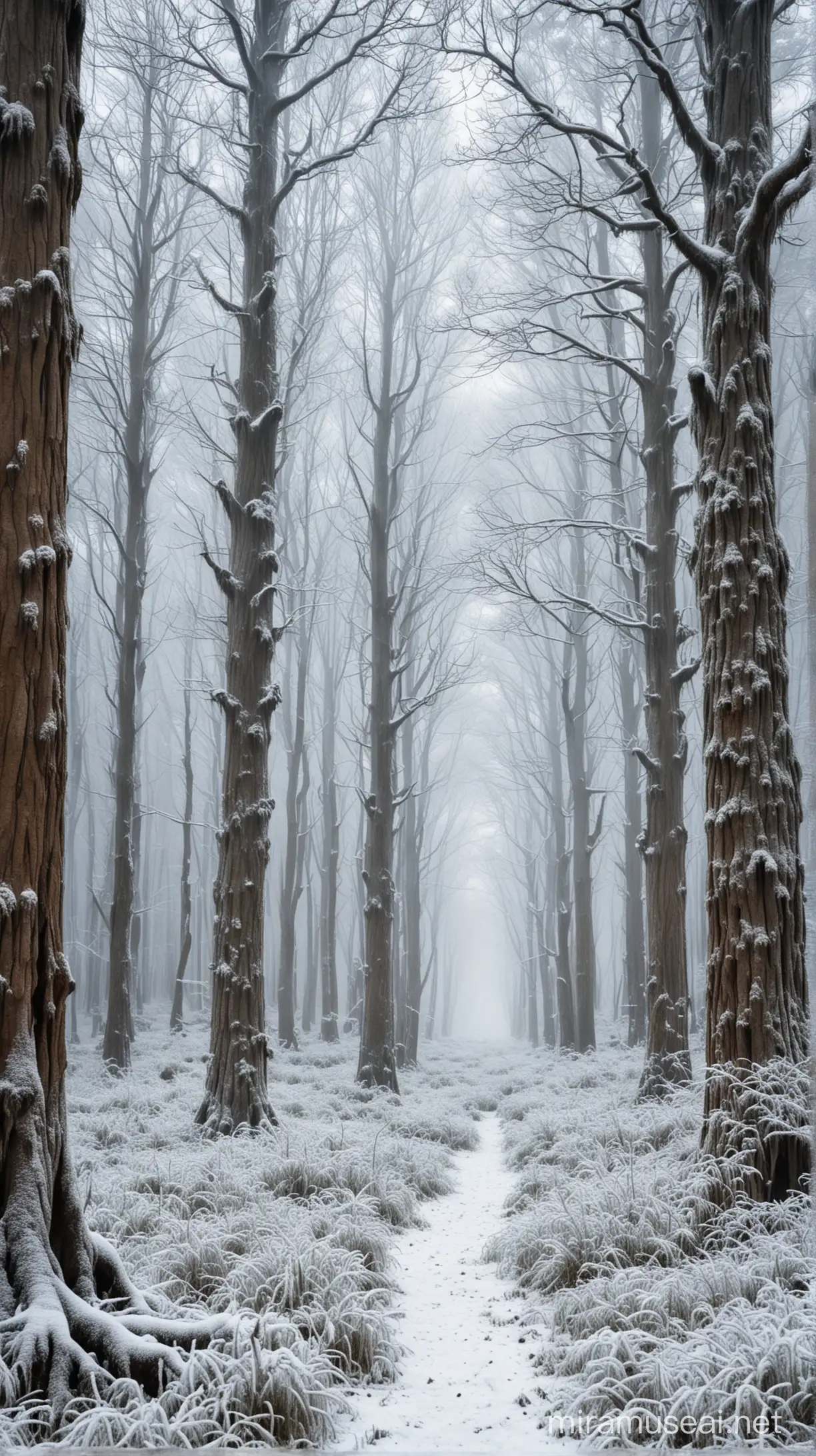 A snowy forest scene with tall, ancient trees covered in frost, creating a mystical atmosphere.
