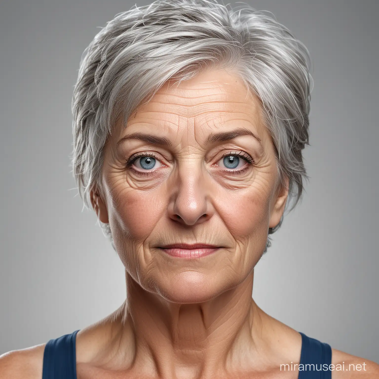 "A passport style hyper realism headshot portrait of an 65 year old woman from eastern europe, She has very short gray hair and blue eyes. She has etended ammount of facefolds. She is wearing a swimsuite, she is wearing no makeup. The background is solid white. Her expression is neutral and she is facing forward towards the camera."
