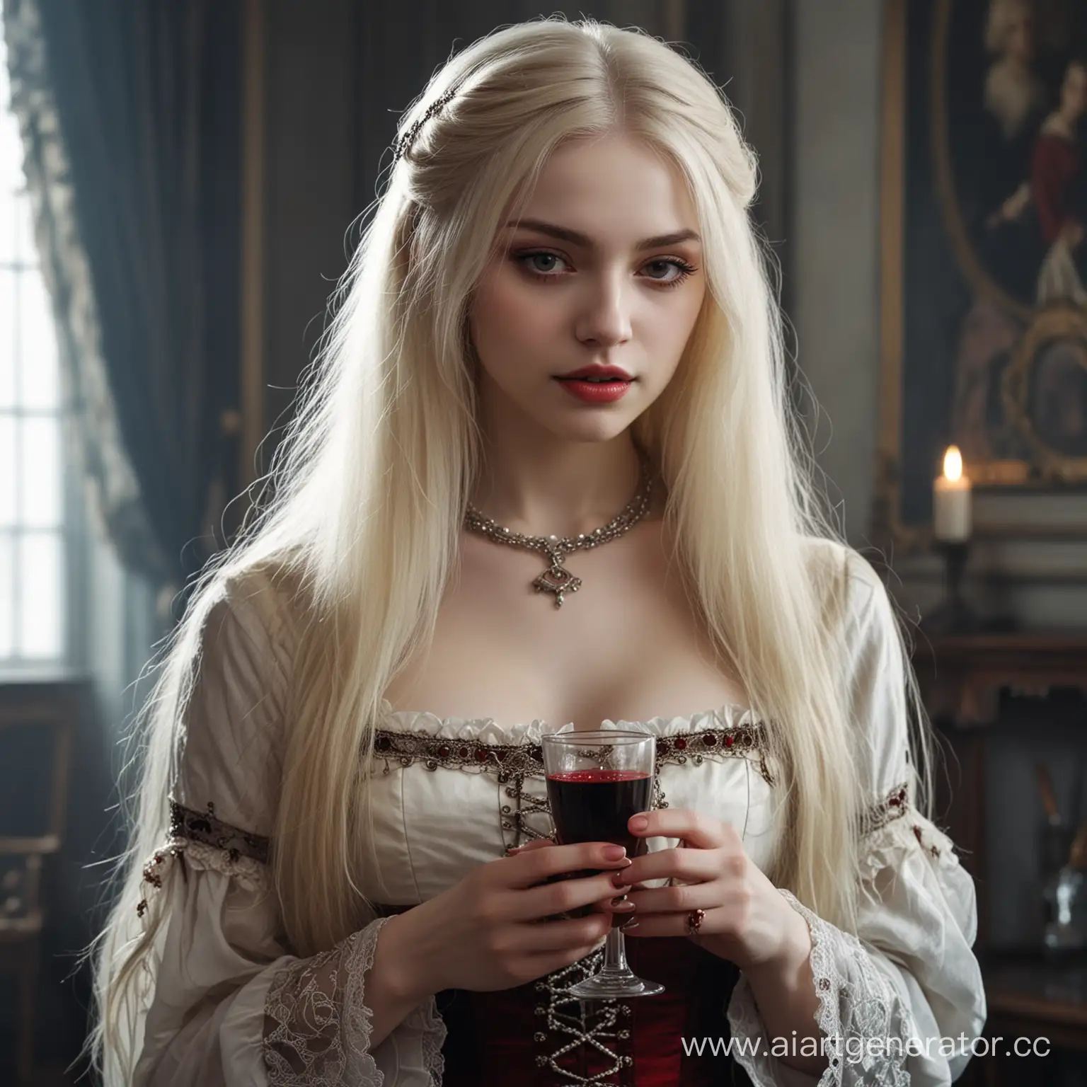 Девушка молодая вампир, с очень бледной кожей, волосы светлые длинные, в аристократичной одежде, с бокалом крови, фэнтезийный мир