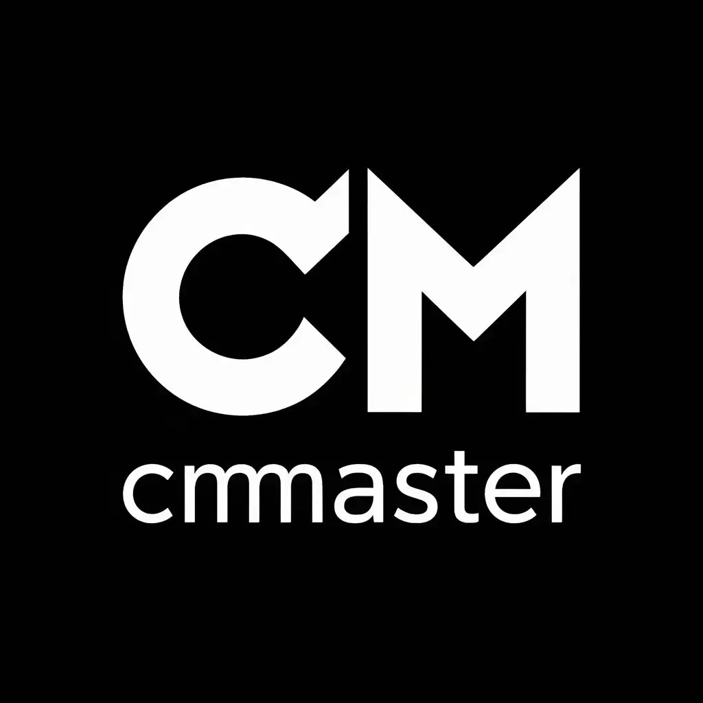 logo, pain text with two white intersecting squares, with the text "cmMaster", typography
